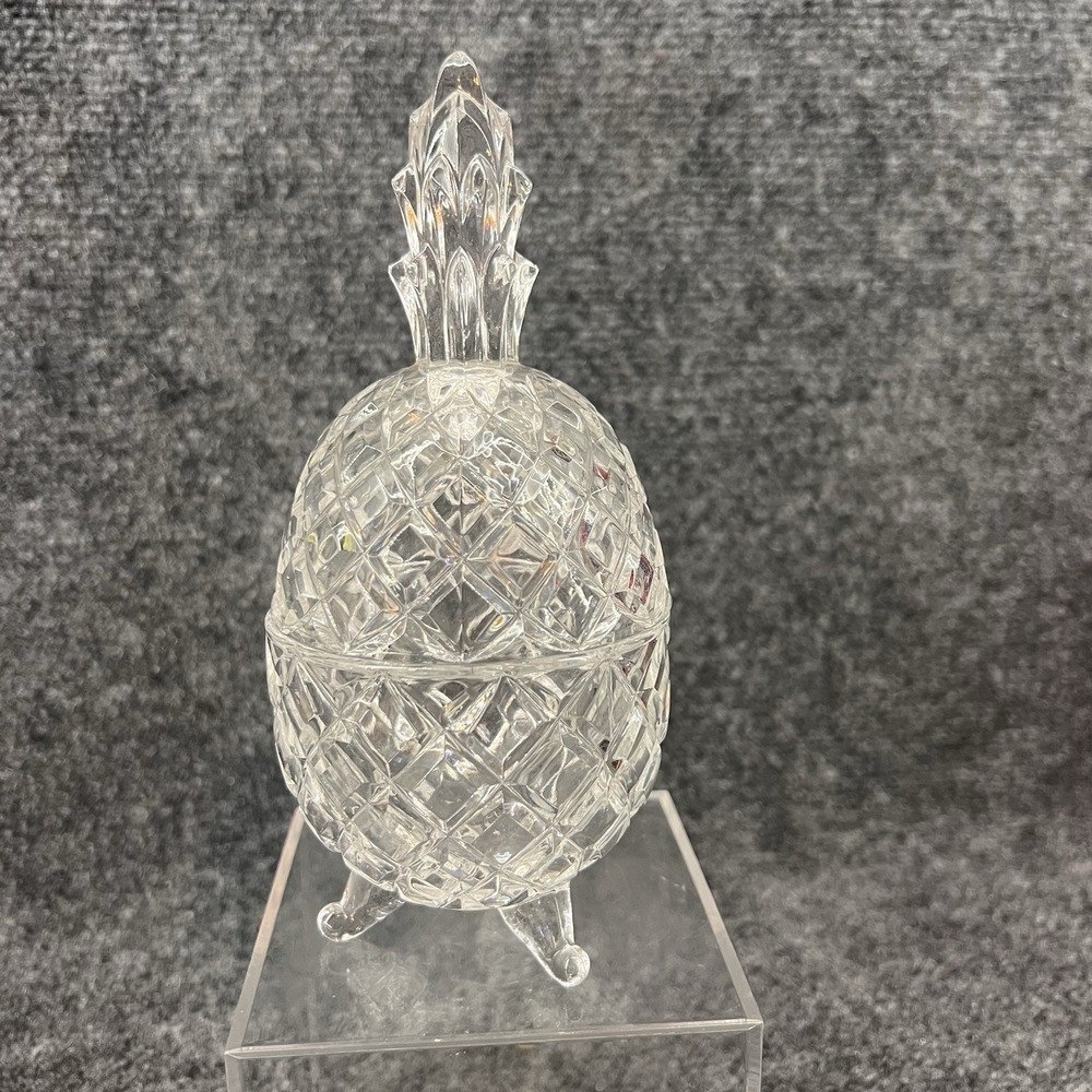 Vtg 7" Glass Pineapple Candy Trinket Dish Lead Crystal Footed Diamond Cut Jar
